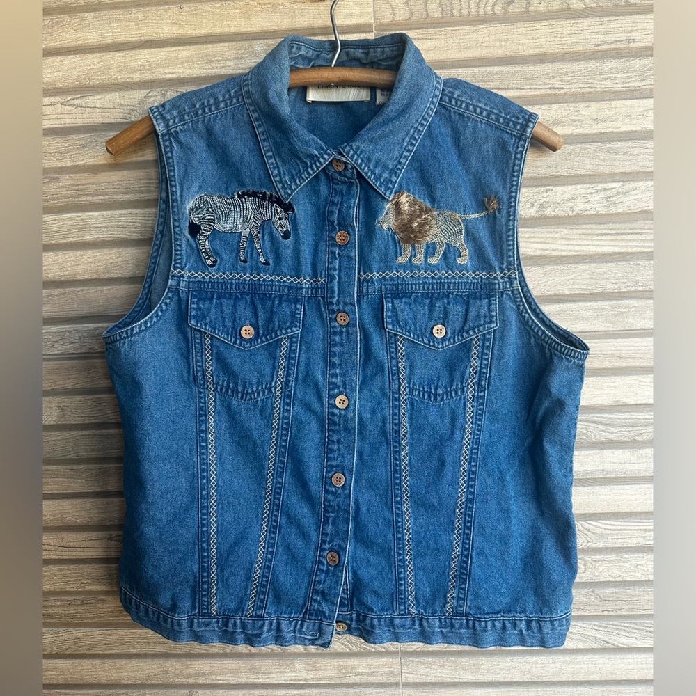 Embroidered Shirt Denim Vest with Zebra Lion Animal Design Safari Zoo Medium